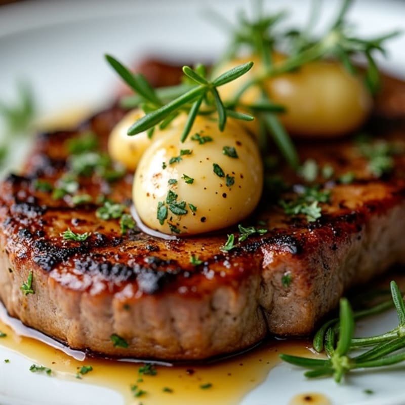 Herb-Crusted Pan Seared Steak with Roasted Garlic