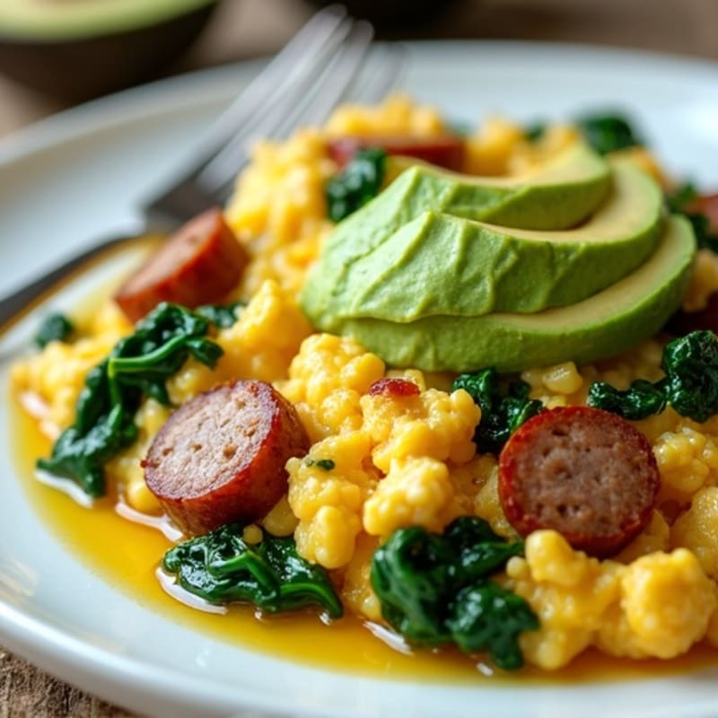 Egg White Scramble with Turkey Sausage and Sautéed Spinach