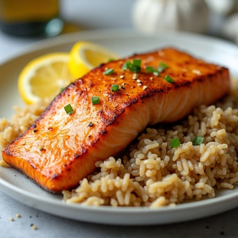 Crispy Pan-Seared Salmon with Lemon Garlic Brown Rice