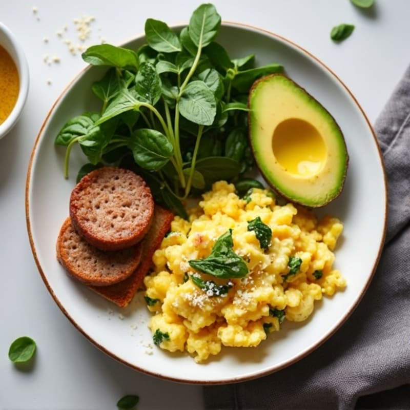Egg White Scramble with Turkey Sausage and Sautéed Spinach