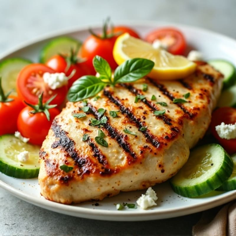 Lemon-Herb Grilled Chicken with Fresh Tomato, Cucumber, and Feta Salad