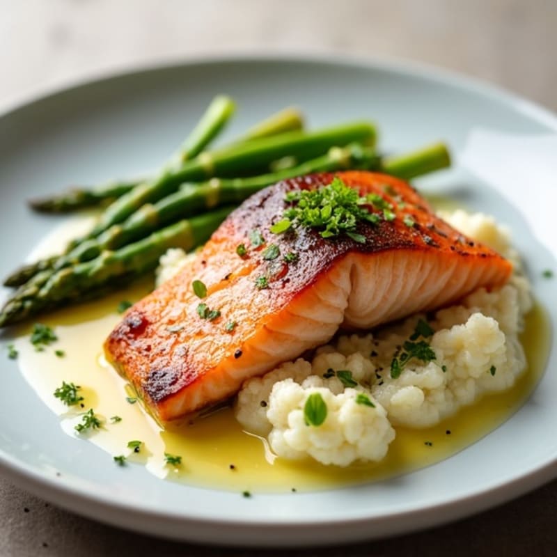 Seared Salmon with Steamed Asparagus and Garlic Cauliflower Mash