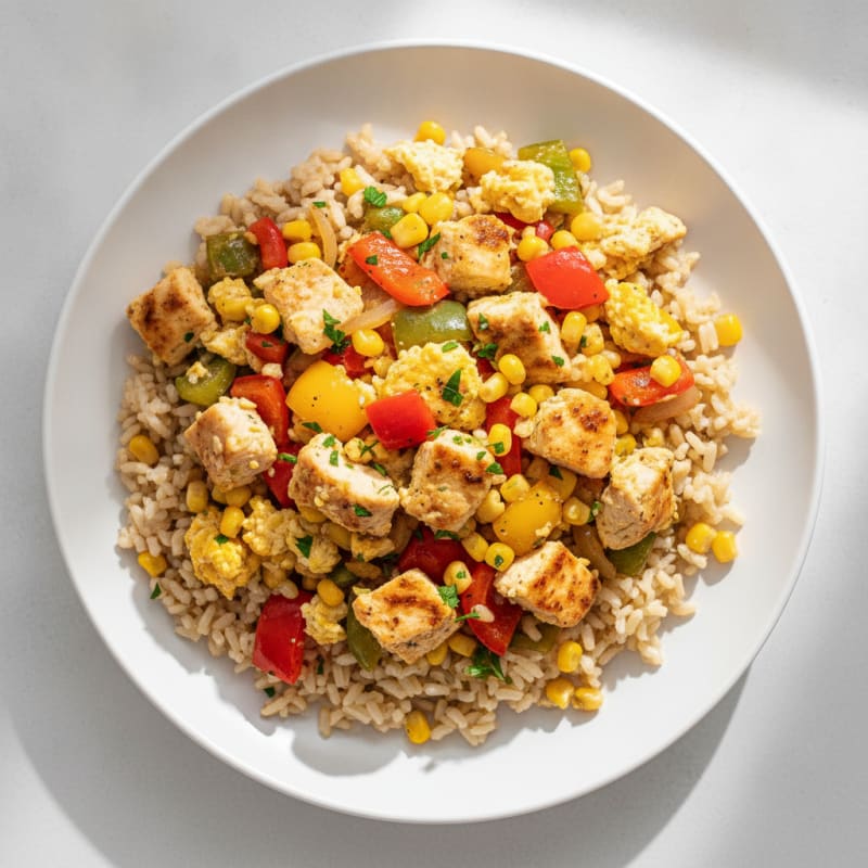 Egg White and Chicken Scramble with Sautéed Peppers and Onions