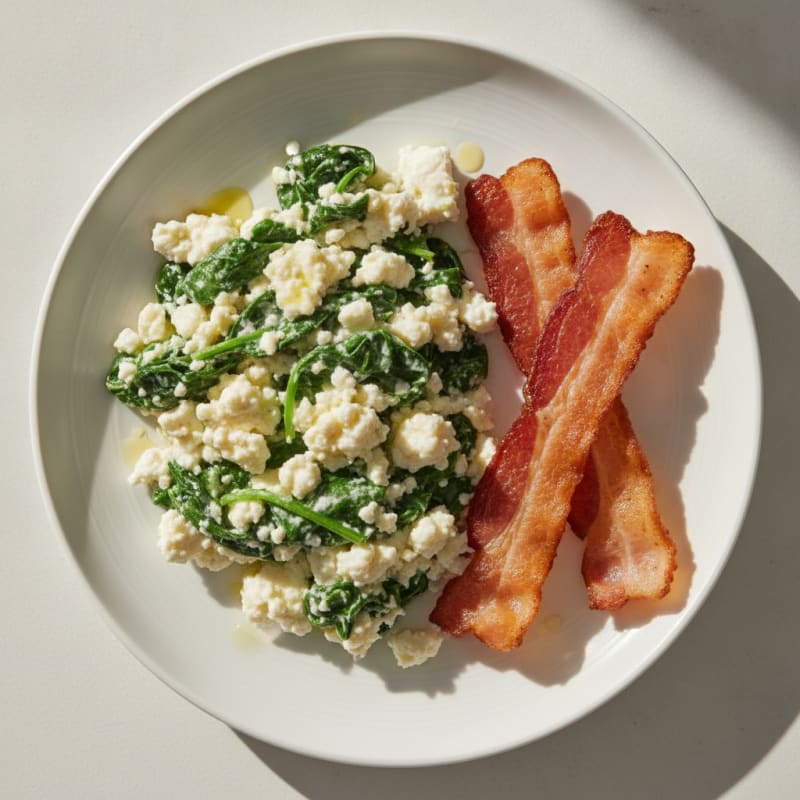 Egg White and Cottage Cheese Scramble with Spinach and Turkey Bacon