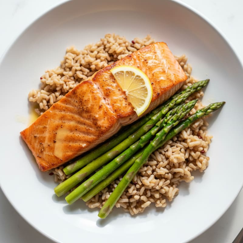 Seared Salmon with Steamed Asparagus and Brown Rice