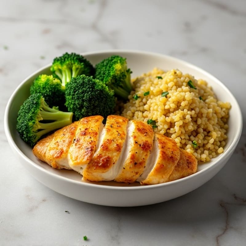 Crispy Lemon Garlic Chicken Breast with Steamed Broccoli and Quinoa