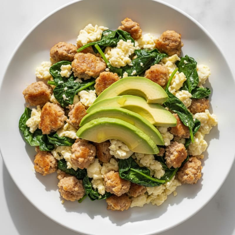 Crispy Turkey Sausage and Egg White Scramble with Spinach