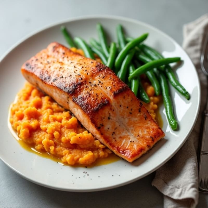 Seared Salmon Fillet with Steamed Green Beans and Sweet Potato Mash