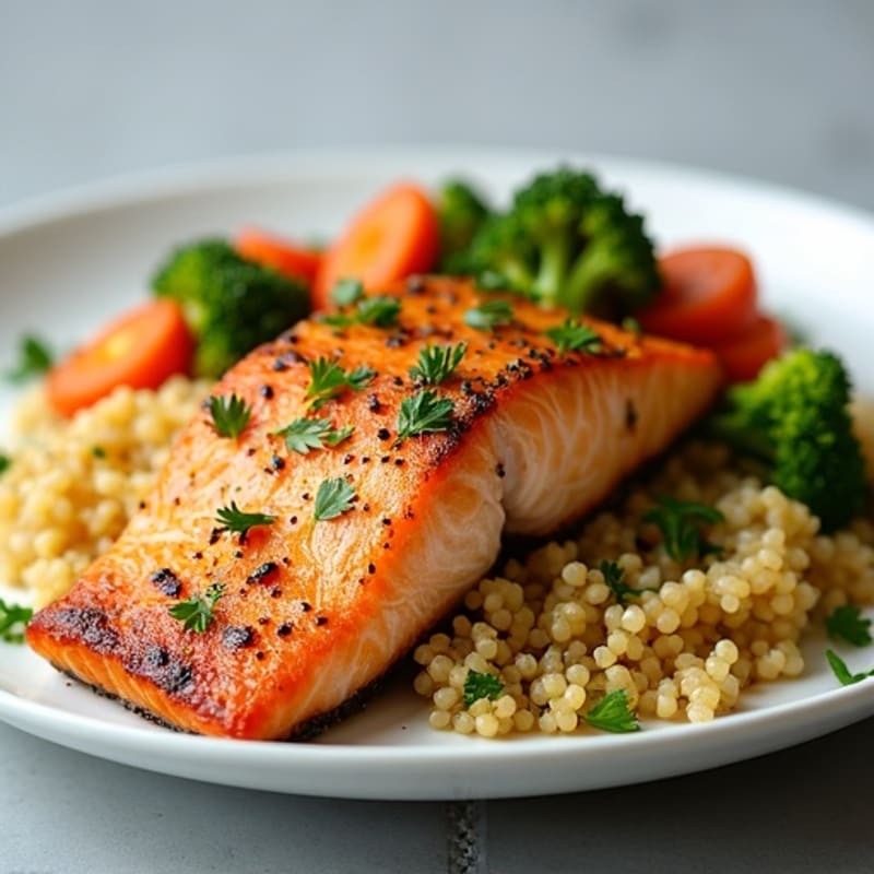 Roasted Salmon with Lemon-Herb Quinoa and Crispy Roasted Vegetables