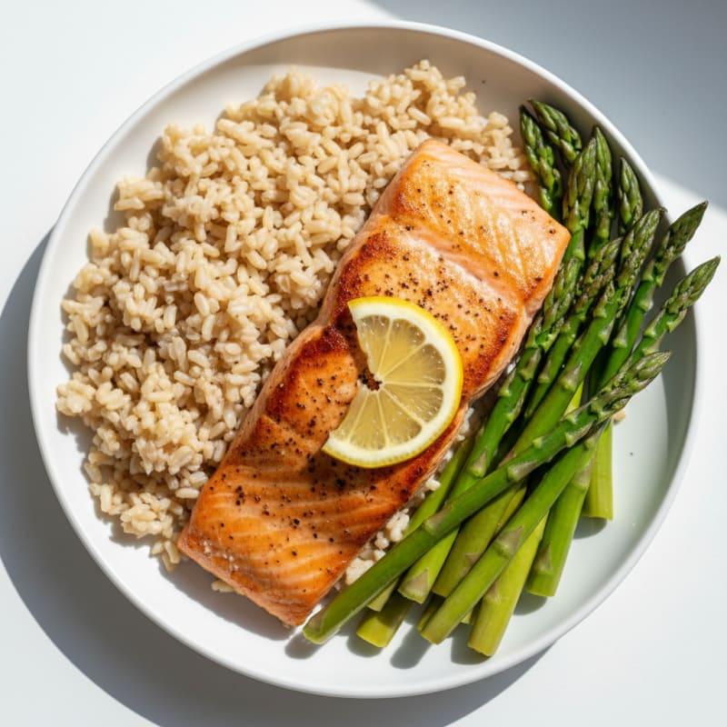 Seared Salmon with Steamed Asparagus and Brown Rice