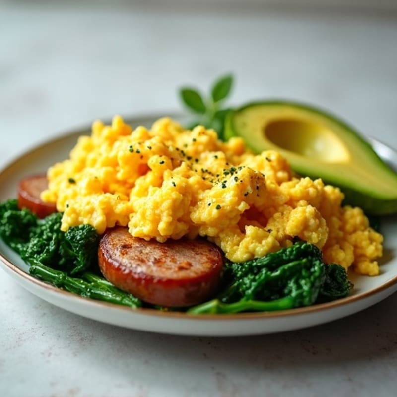 Scrambled Eggs with Turkey Sausage and Sautéed Spinach