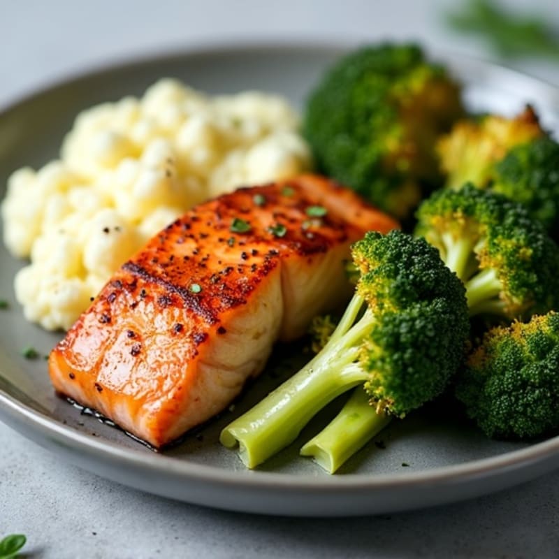 Seared Salmon with Roasted Broccoli and Garlic Mashed Cauliflower