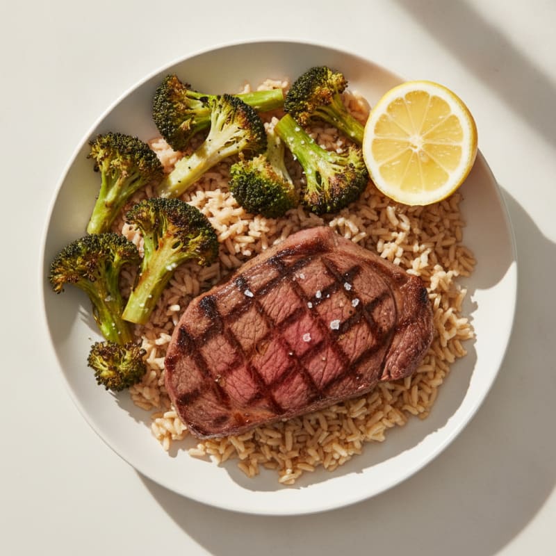 Grilled Steak with Roasted Broccoli and Brown Rice