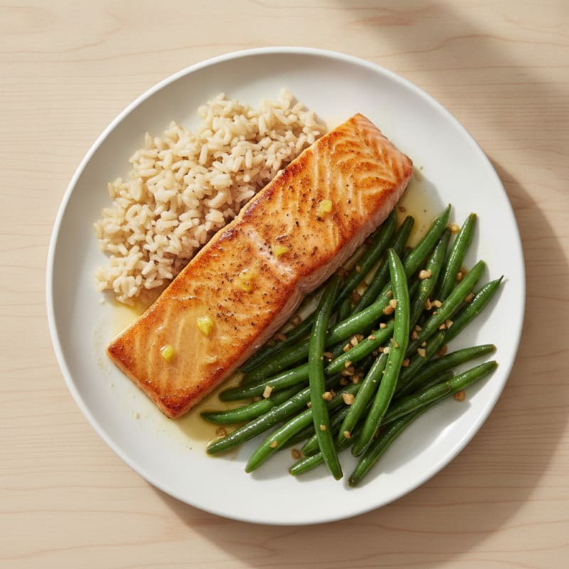 Seared Salmon with Garlic Green Beans and Brown Rice