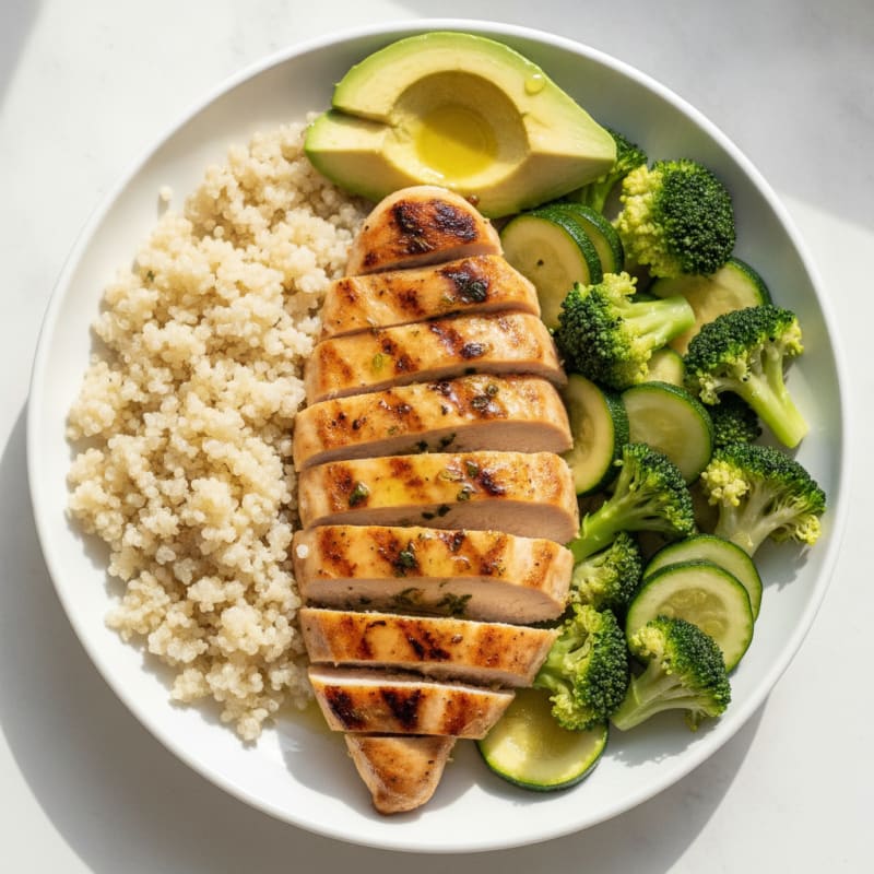 Grilled Chicken Breast with Steamed Broccoli and Zucchini, Quinoa, and Avocado