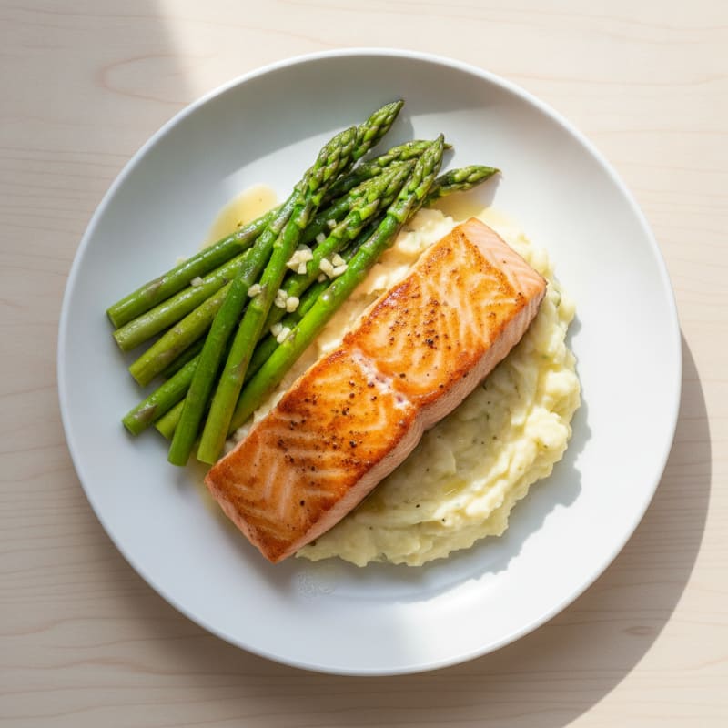 Seared Salmon with Sautéed Asparagus and Garlic Mashed Cauliflower