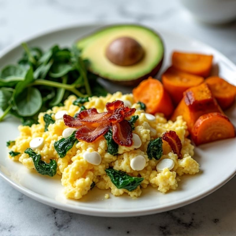 Egg White and Cottage Cheese Scramble with Sautéed Spinach, Turkey Bacon, Avocado & Roasted Sweet Potato