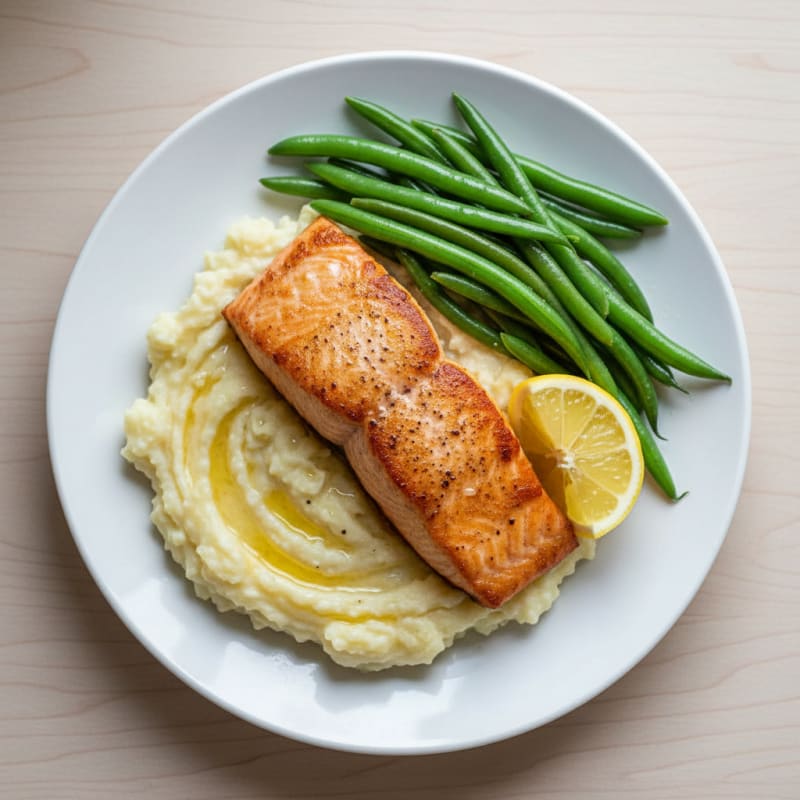 Seared Salmon with Steamed Green Beans and Garlic Mashed Cauliflower