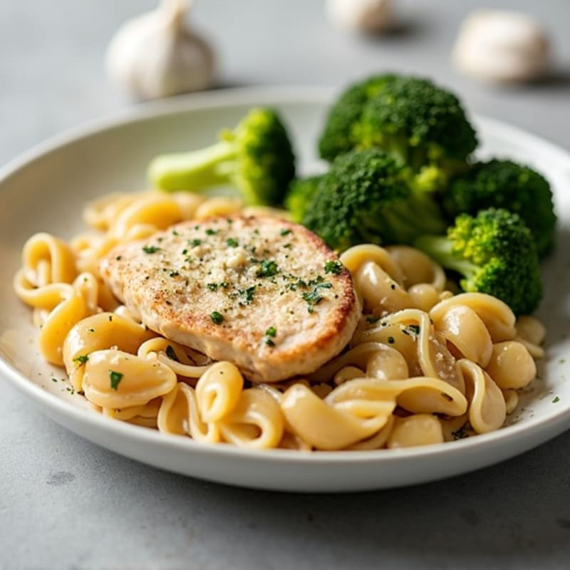 Chicken with Creamy Garlic Parmesan Pasta and Roasted Broccoli
