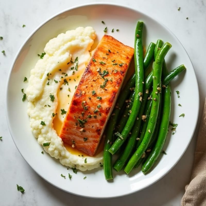 Seared Salmon with Garlic Green Beans and Cauliflower Mash