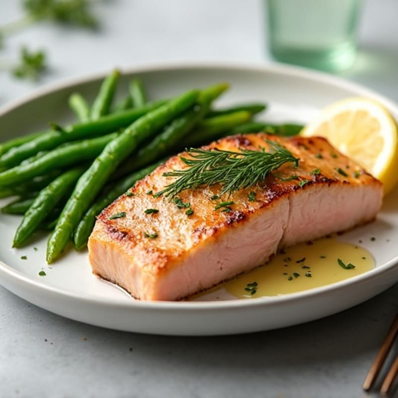Pan-Seared Tuna Steak with Roasted Green Beans and Lemon-Herb Dressing