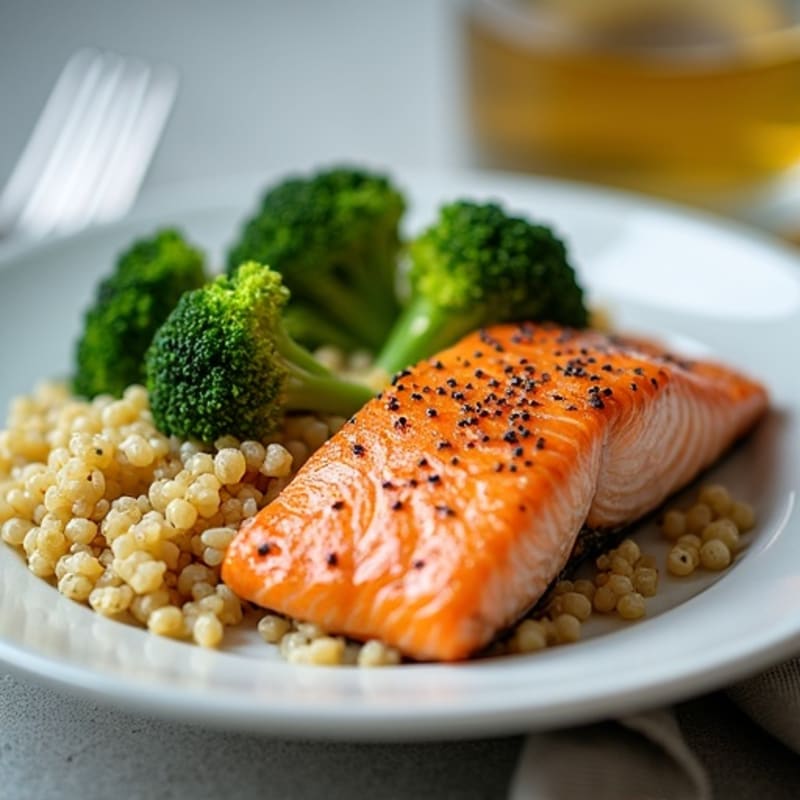 Seared Salmon with Steamed Broccoli and Quinoa