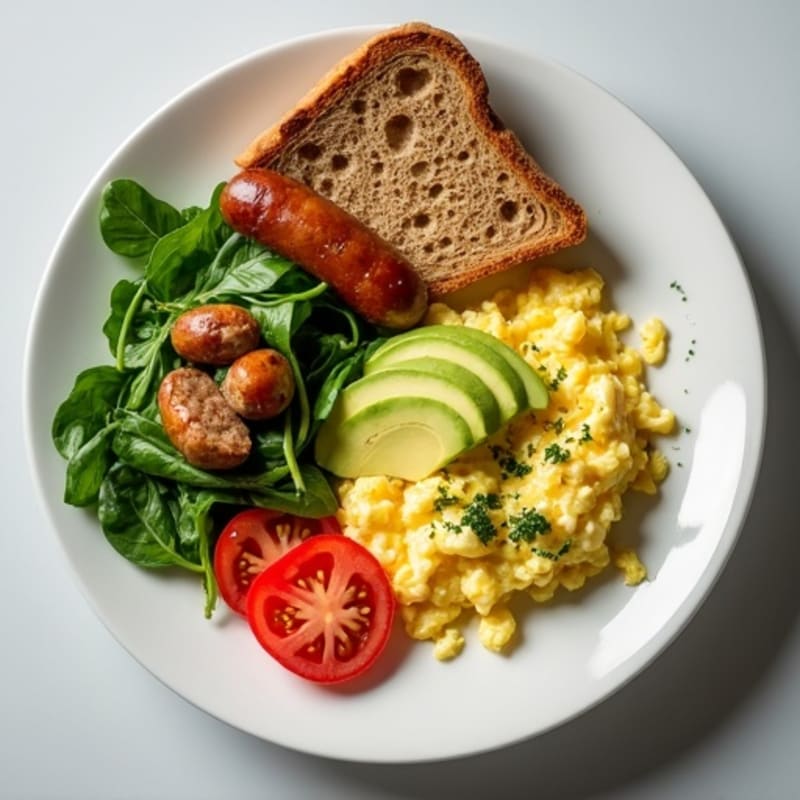 Egg White Scramble with Turkey Sausage and Sautéed Spinach