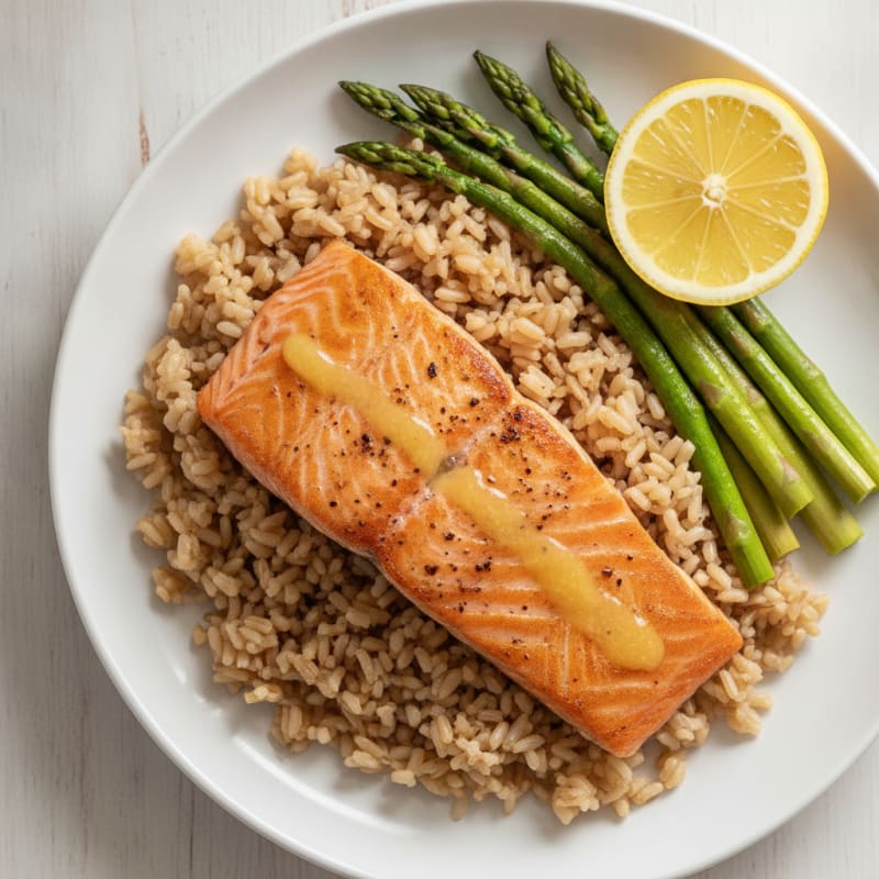 Seared Salmon Fillet with Steamed Asparagus and Brown Rice