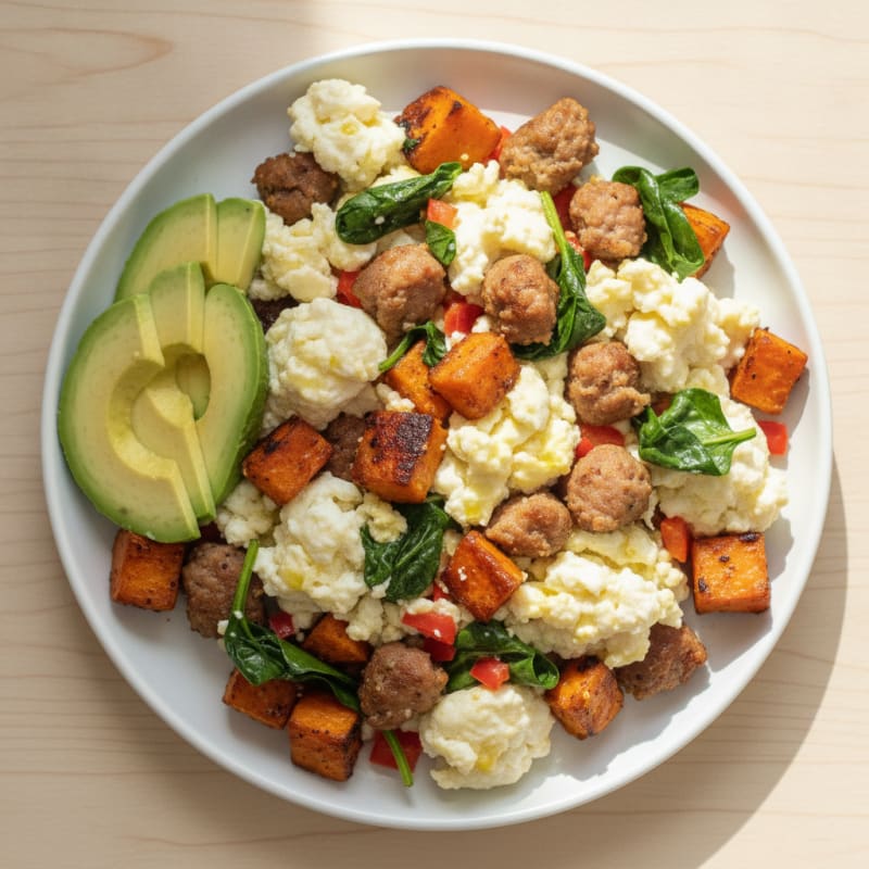 Egg White and Turkey Sausage Scramble with Roasted Sweet Potato