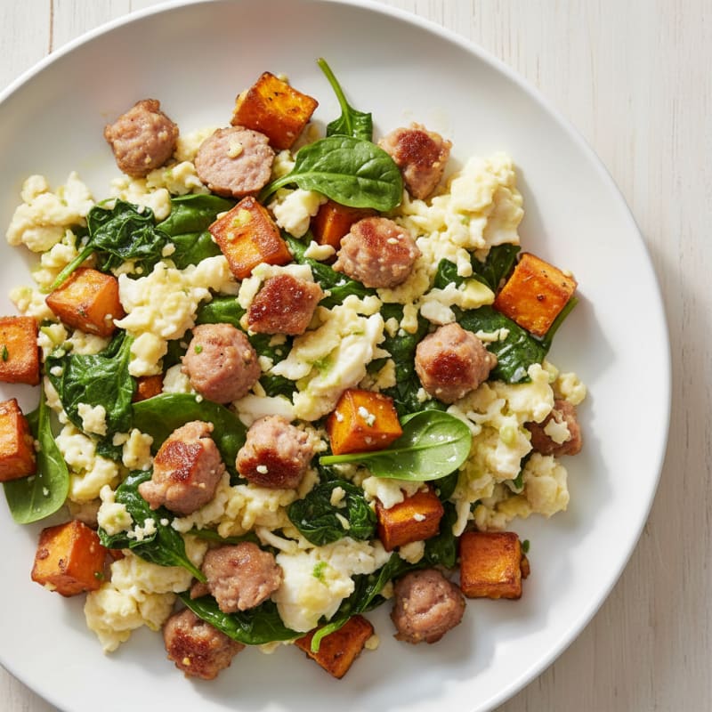Egg White and Turkey Sausage Scramble with Spinach and Sweet Potato