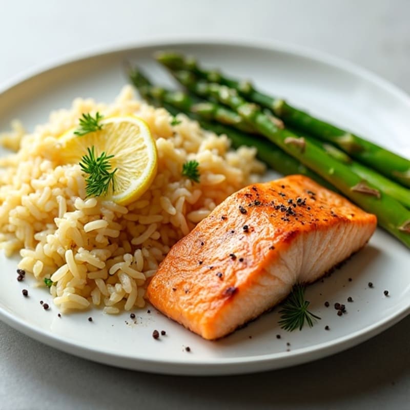 Seared Salmon with Steamed Asparagus and Lemon Herb Rice