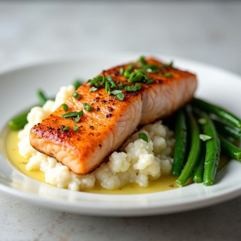 Seared Salmon with Steamed Green Beans and Garlic Mashed Cauliflower