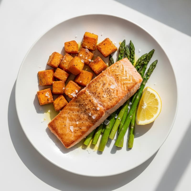 Seared Salmon with Roasted Sweet Potatoes and Asparagus