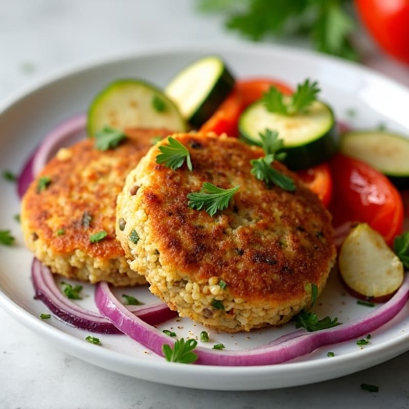 Crispy Lentil Quinoa Cakes with Roasted Vegetables