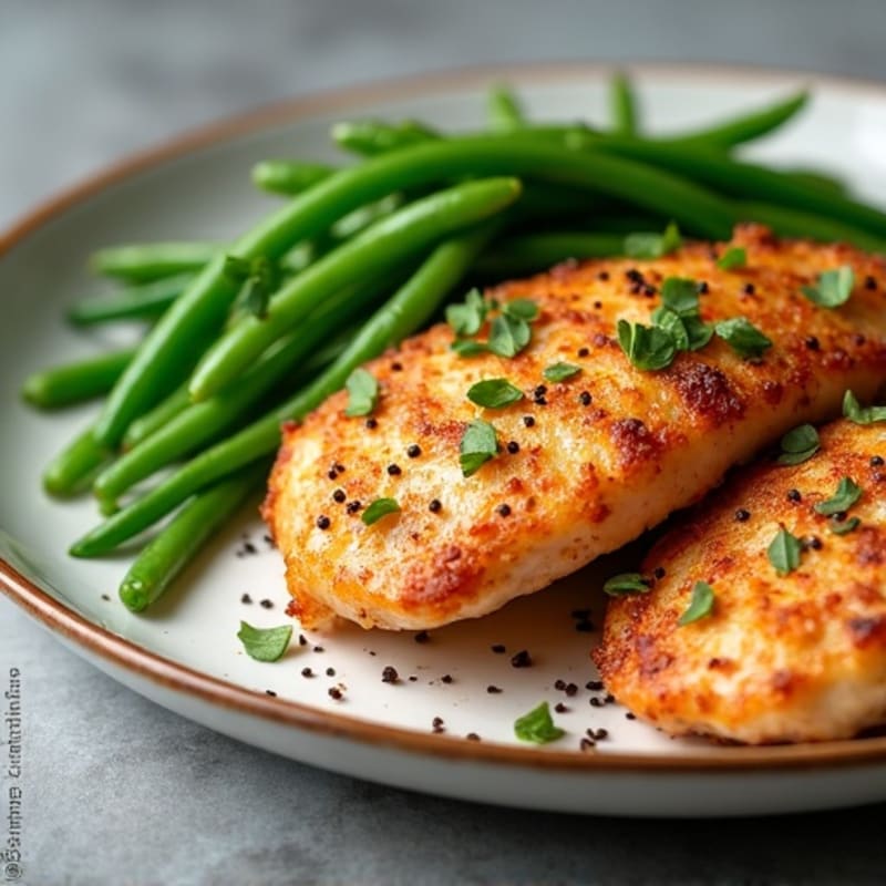 Crispy Pan-Seared Chicken Breasts with Garlic Green Beans