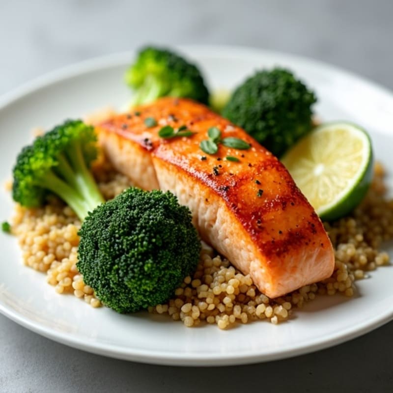 Seared Salmon Filet with Steamed Broccoli and Quinoa