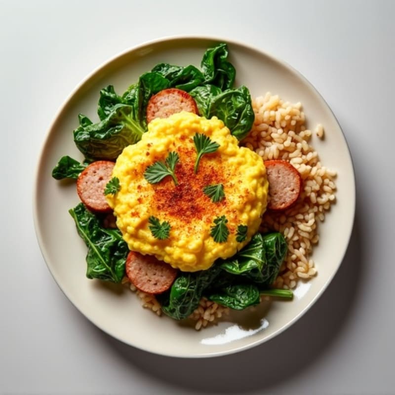 Curried Egg White Scramble with Spinach, Turkey Sausage & Rice