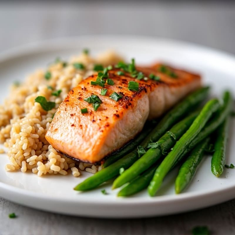 Seared Salmon Fillet with Garlic Green Beans and Brown Rice
