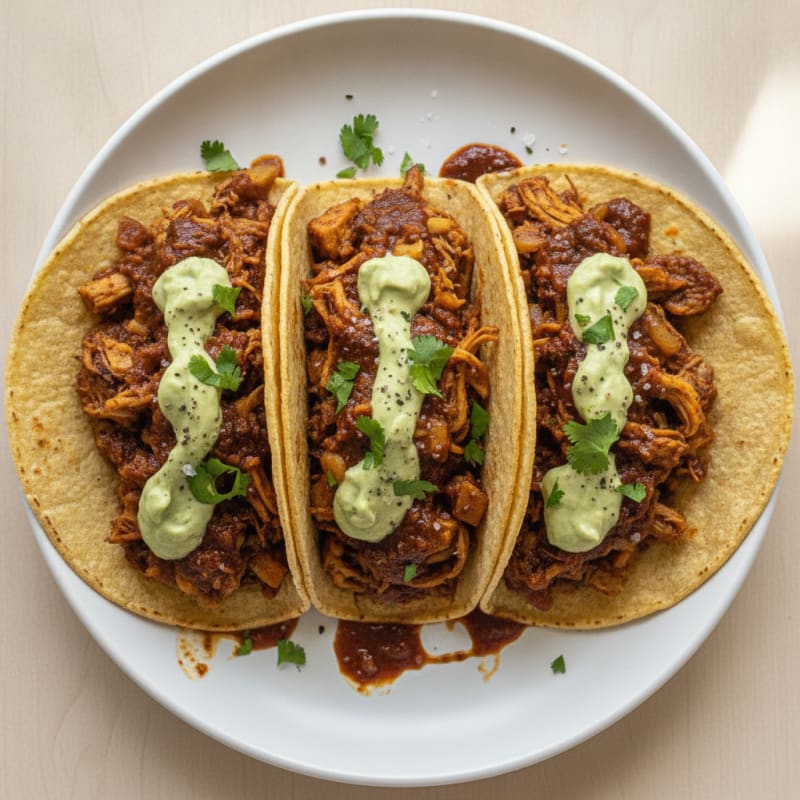 Jackfruit Adobo Tacos with Avocado Crema