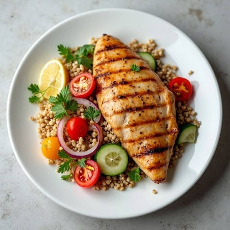 Grilled Chicken Breast with Crunchy Quinoa Salad and Lemon Vinaigrette