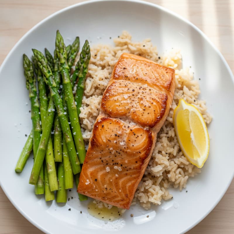 Seared Salmon Fillet with Roasted Asparagus and Brown Rice