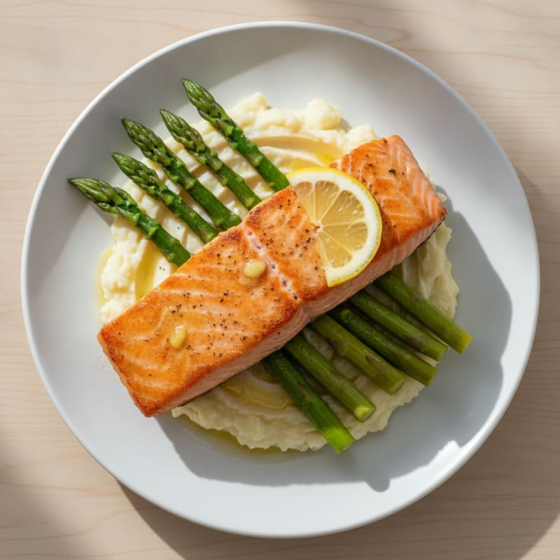Seared Salmon with Steamed Asparagus and Mashed Cauliflower