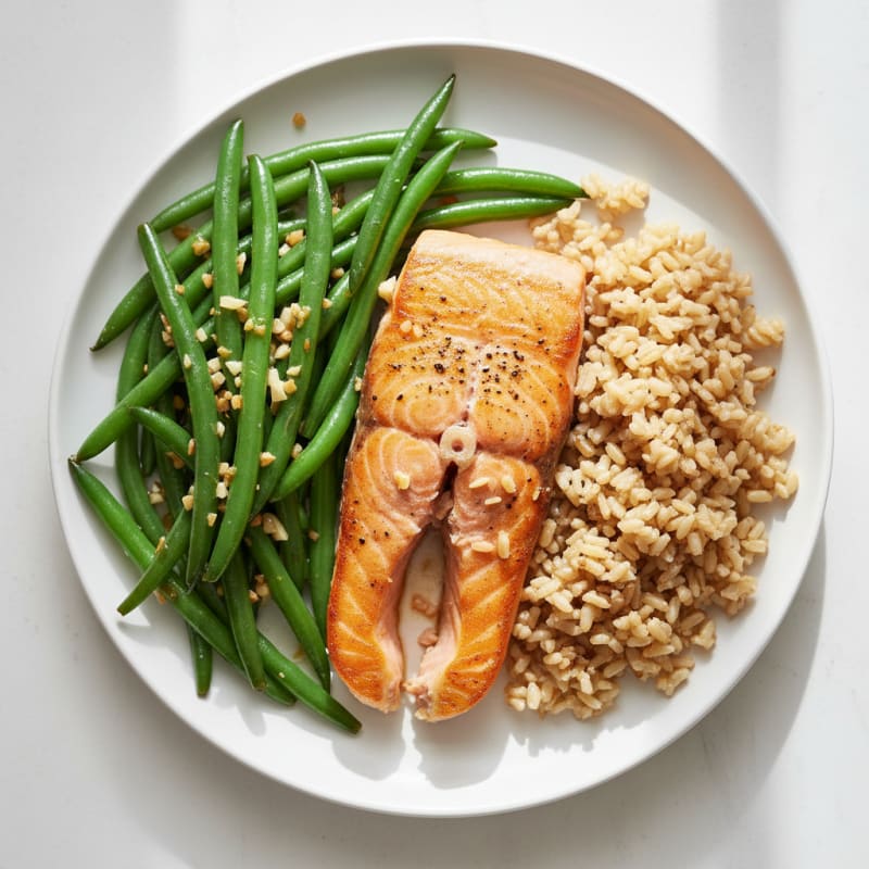 Seared Salmon with Garlic Green Beans and Brown Rice
