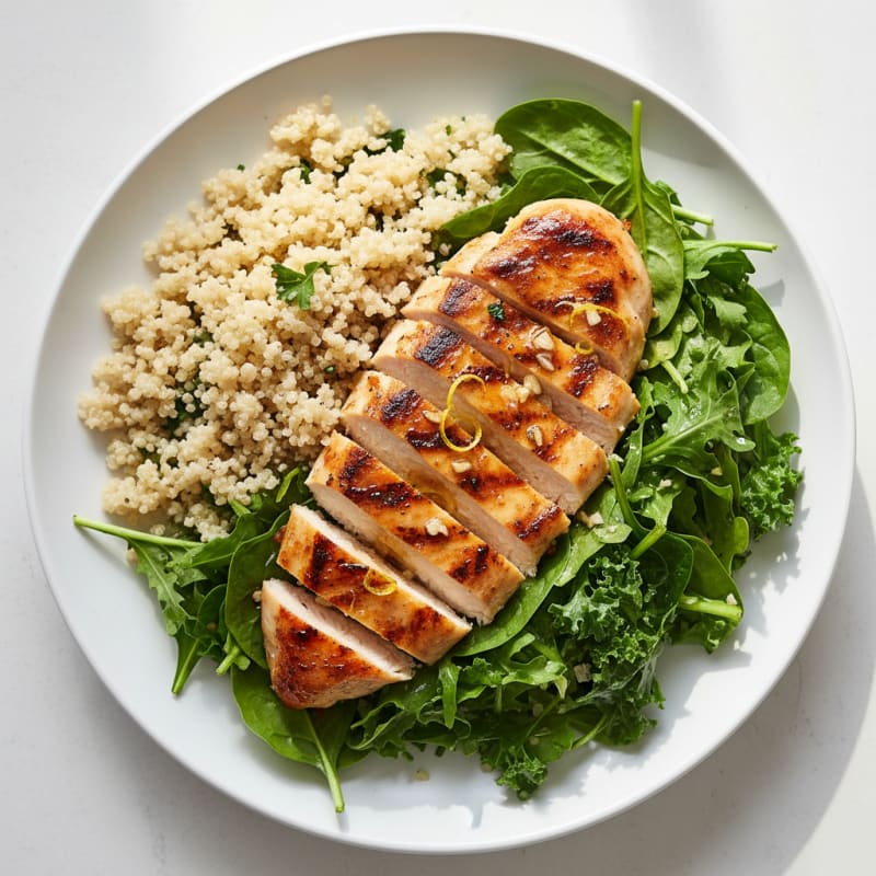 Grilled Lemon Garlic Chicken Breast with Mixed Greens and Quinoa
