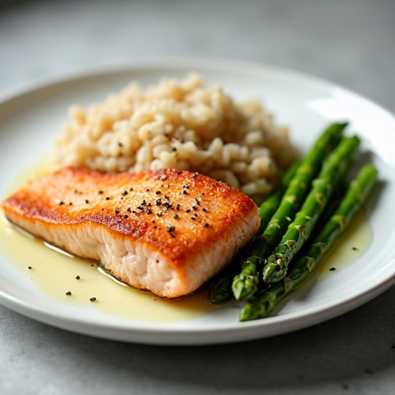 Seared Salmon with Steamed Asparagus and Brown Rice