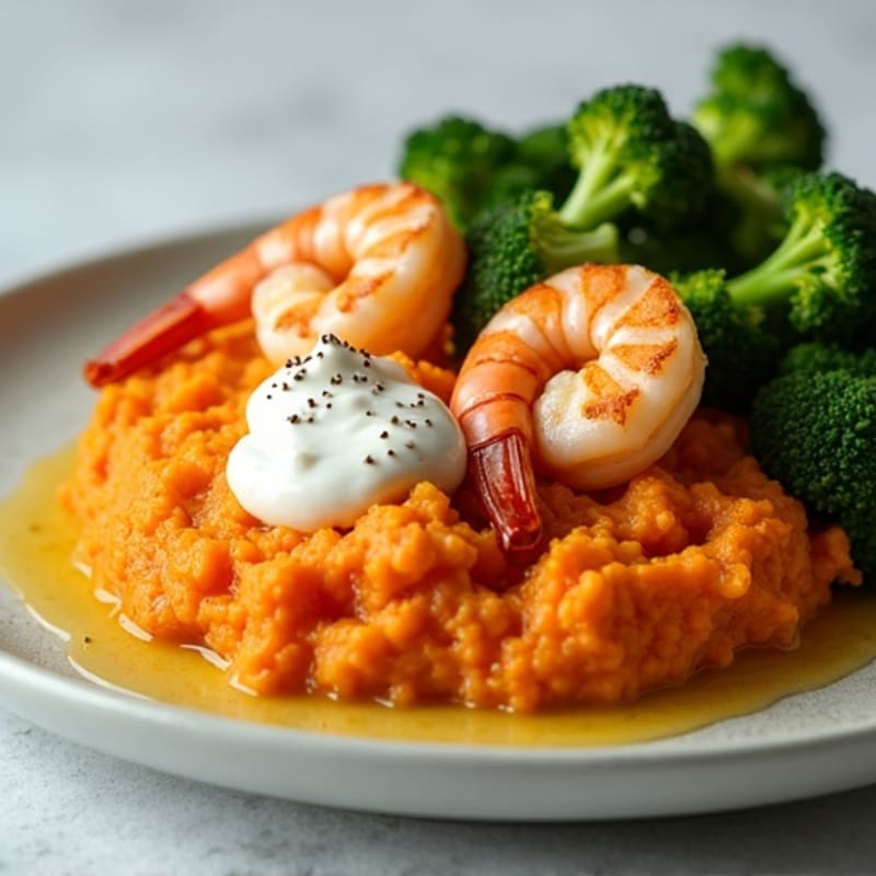 Seared Shrimp with Roasted Broccoli and Sweet Potato Mash