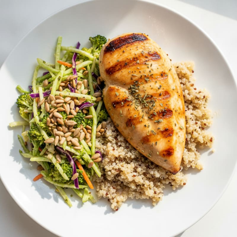 Grilled Chicken Breast with Quinoa and Crunchy Broccoli Slaw