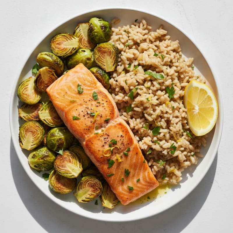 Seared Salmon Fillet with Roasted Brussels Sprouts and Herbed Brown Rice