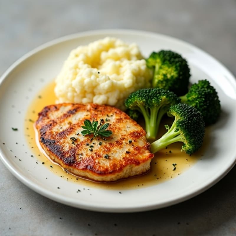 Seared Turkey Cutlets with Roasted Broccoli and Garlic Mashed Cauliflower