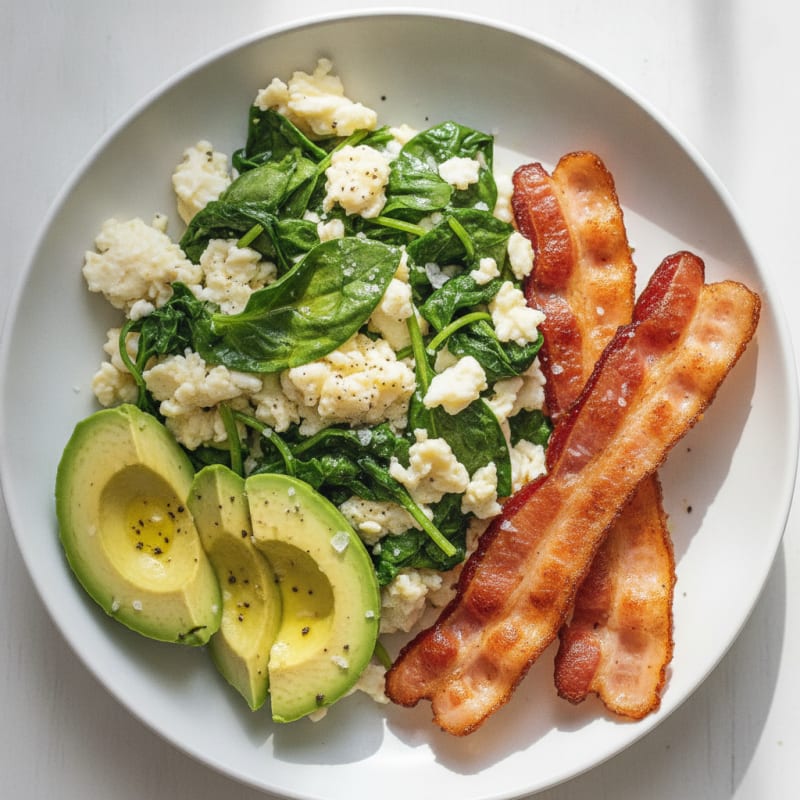 Crispy Turkey Bacon and Egg White Scramble with Sautéed Spinach